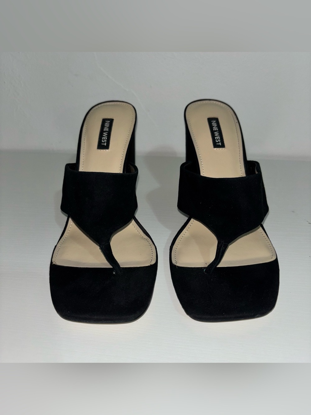 Nine West Black Suede Square-Toe Thong Mules